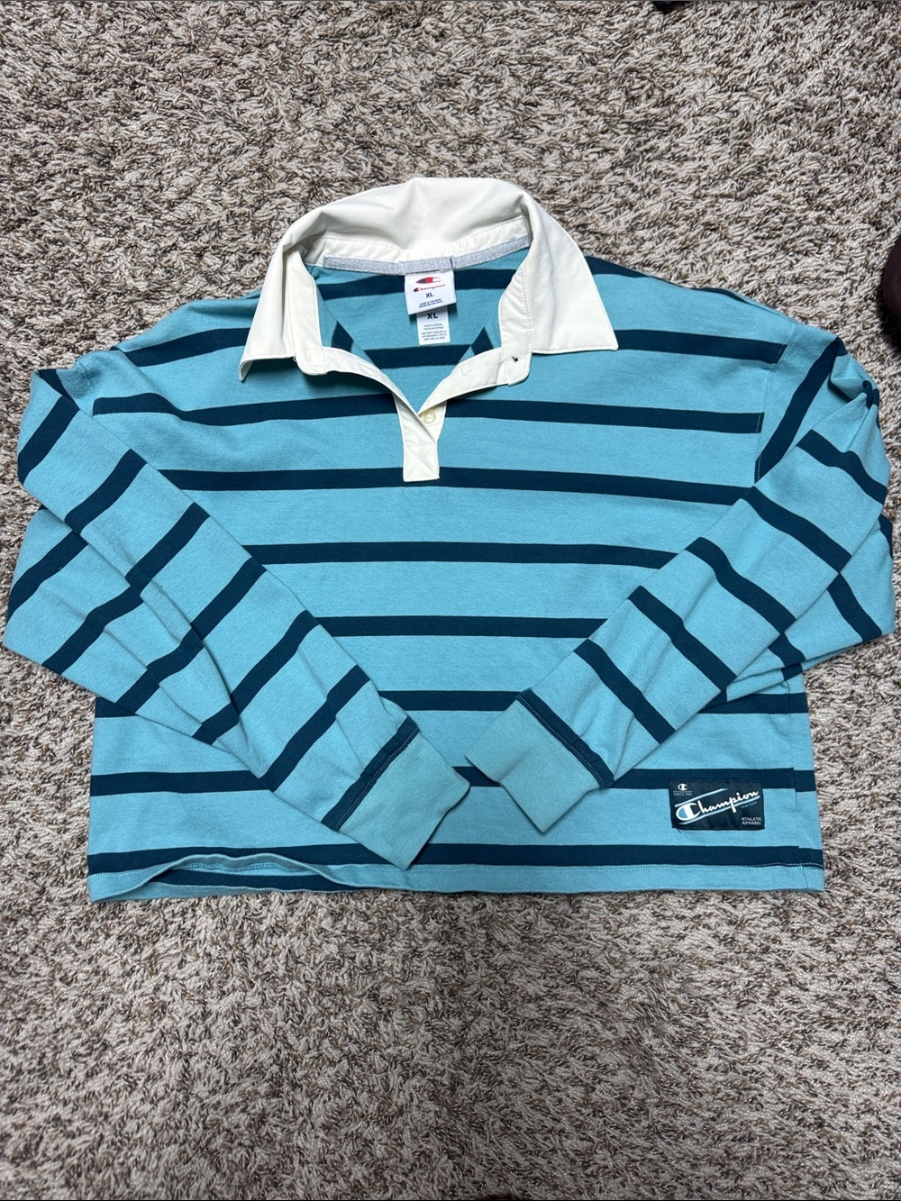 Champion Teal and Dark Navy Striped Cropped Rugby Top with White Collar